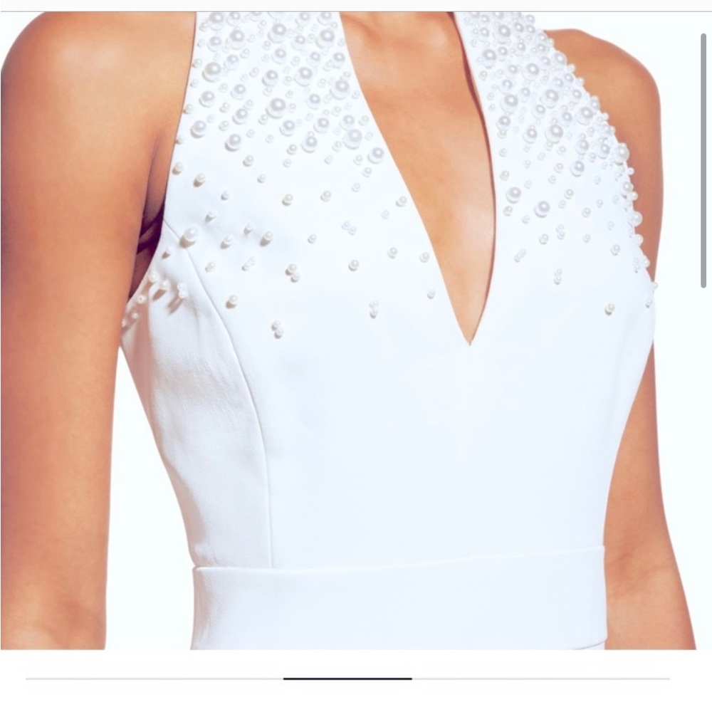 Badgley Mishchka white long evening gown with pearls at neck. Size 4. Worn once